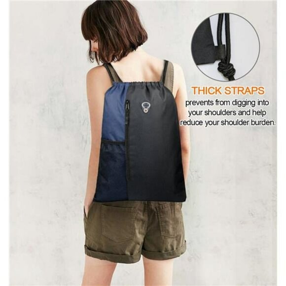 Large Drawstring Gym Bag with Zipper Pockets for Sports Travel Men Women - Picture 6 of 7